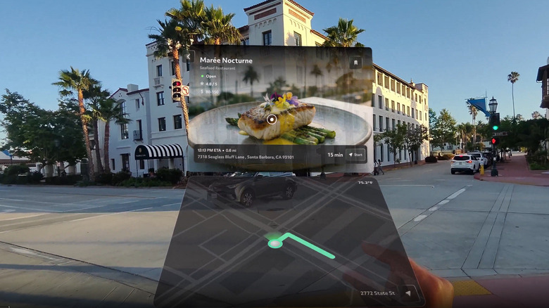 An image of the AR interface in the Snap SPECS smartglasses showing a floating restaurant tile and directions