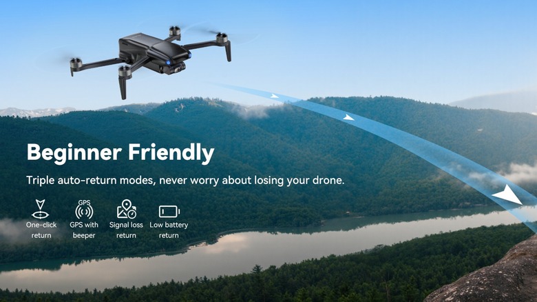 Graphic illustrating how the beginner-friendly Ruko U11MINI 4K features triple auto-return modes so you don't have to worry about losing your drone.
