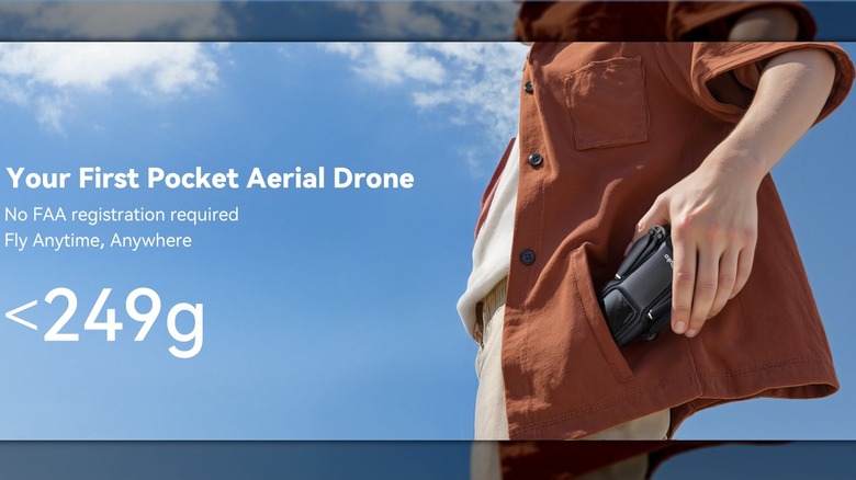 Photo shows a person outside slipping the drone into a shirt pocket. The caption says, "Your First Pocket Aerial Drone. No FAA registration required. Fly Anytime, Anywhere." The drone weighs less than 249 grams.