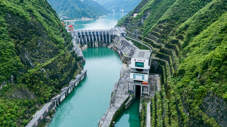 The Three Gorges Dam in China, a massive hydropower plant in the Yangtze River gorge, Hubei, China.