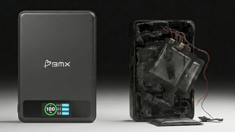BMX SolidSafe solid-state battery power bank next to damaged lithium-ion battery in front of black background