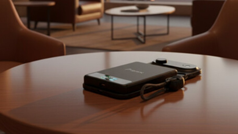 BMX SolidSafe solid-state battery power bank on table in airport illuminated by sunset
