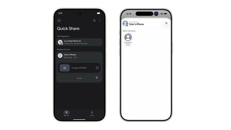 Google Pixel 10 and iPhone side by side using AirDrop and Quick Share seamlessly