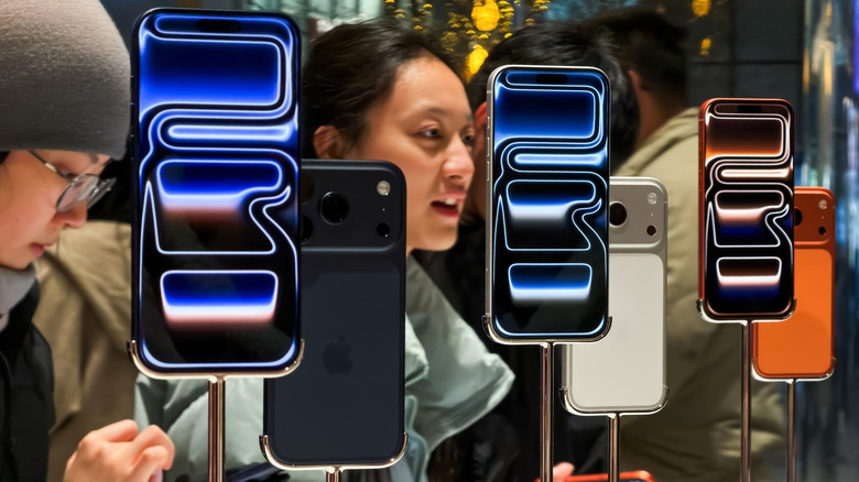 Several iPhone 17 Pro models on display in store
