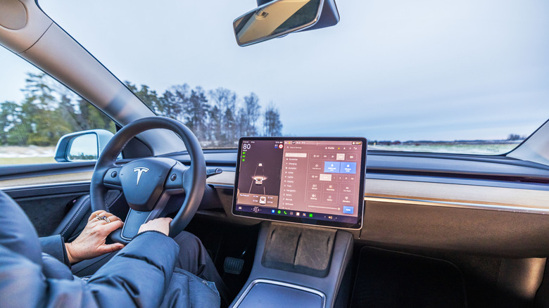 A person driving a Tesla, with digital display lit up.