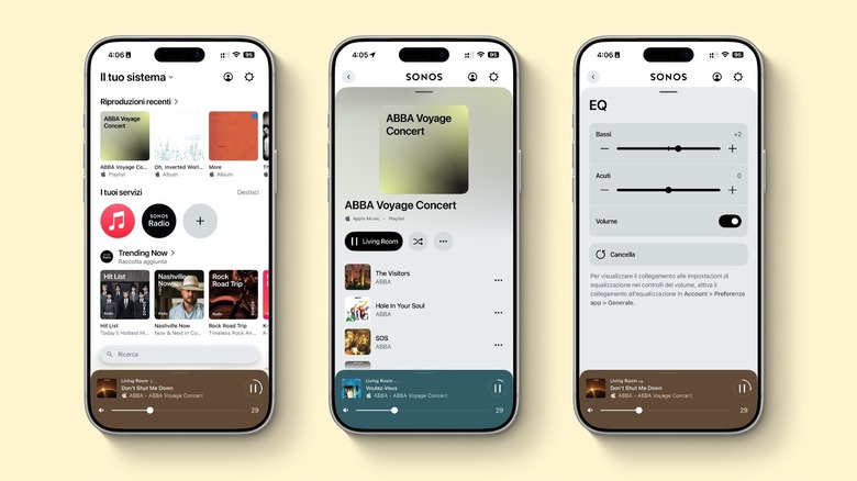 Three iPhone mockups with screenshots of the Sonos app