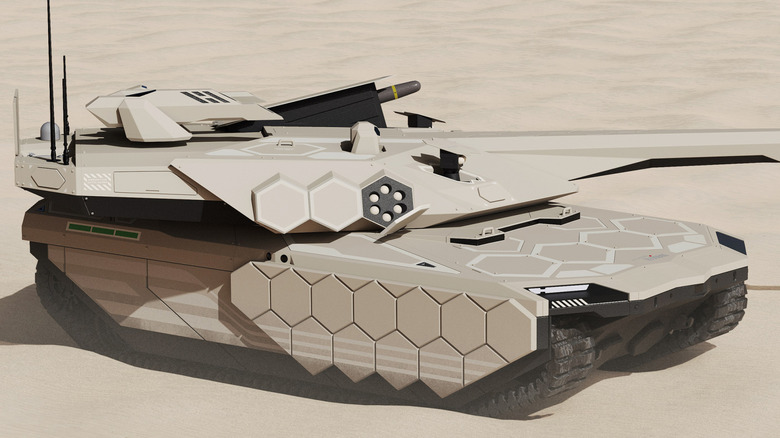 Hyundai Rotem next-generation main battle tank in desert camo.