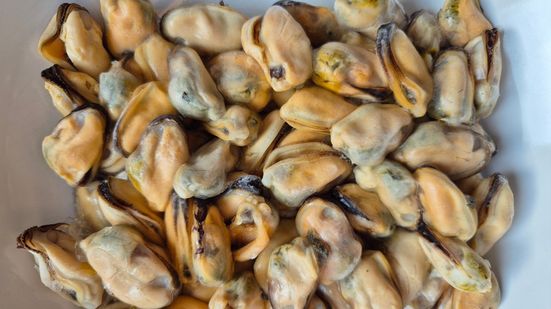 Golden mussels sitting in a bowl.