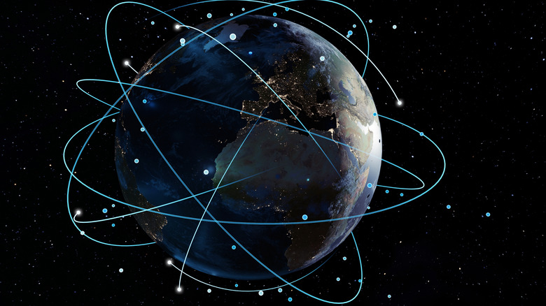 A network of satellites orbiting Earth with overlapping trajectories