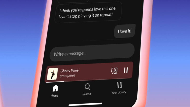 Spotify's new messaging feature showcased on a smartphone with Cherry Wine playing