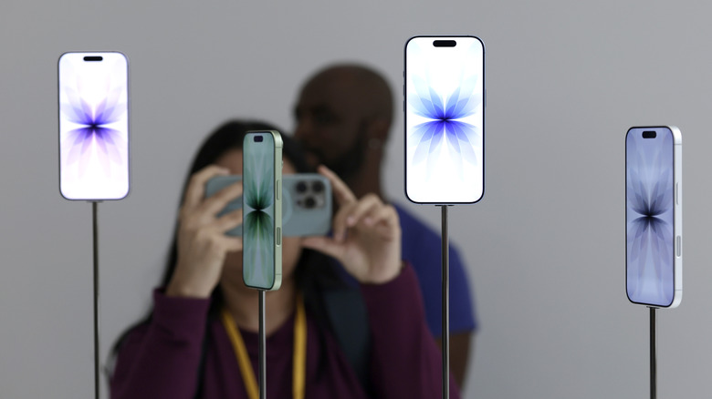 The standard iPhone 17 on display.