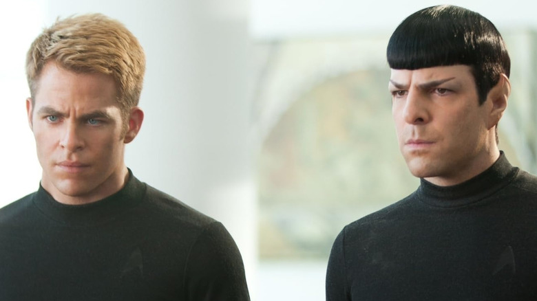 Kirk (Chris Pine) and Spock (Zachary Quinto) standing confused