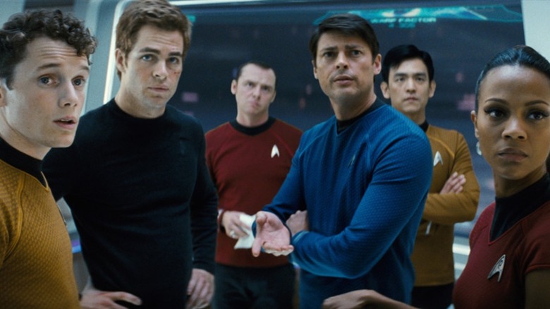 Anton Yelchin, Chris Pine, Simon Pegg, Karl Urban, John Cho and Zoe Saldaña together in Star Trek (2009)