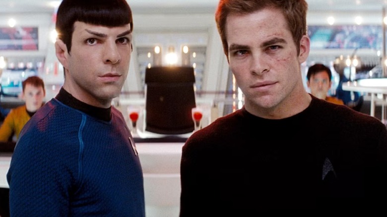 Spock (Zachary Quinto) and Kirk (Chris Pine) on the bridge of the Enterprise in Star Trek (2009)