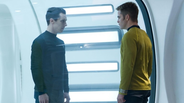 Benedicut Cumberbatch as Khan looking at Chris Pine as Kirk in Star Trek Into Darkness