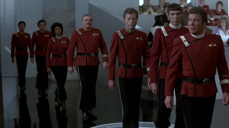 The original Star Trek crew walking in line in 