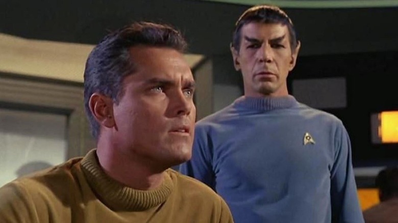 Star Trek The Cage screenshot with Spock and Pike on the bridge.