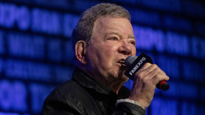 William Shartner speaking into a microphone at FanExpo 2025