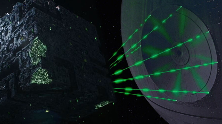 Star Trek Borg Cube next to Star Wars Death Star