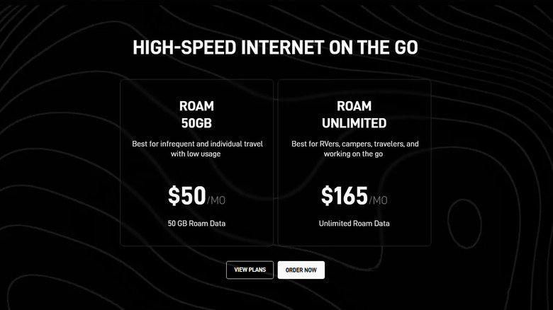 A quick comparison of Starlink's two Roam service options, which include a $50 option with 50GB and a $165 unlimited option