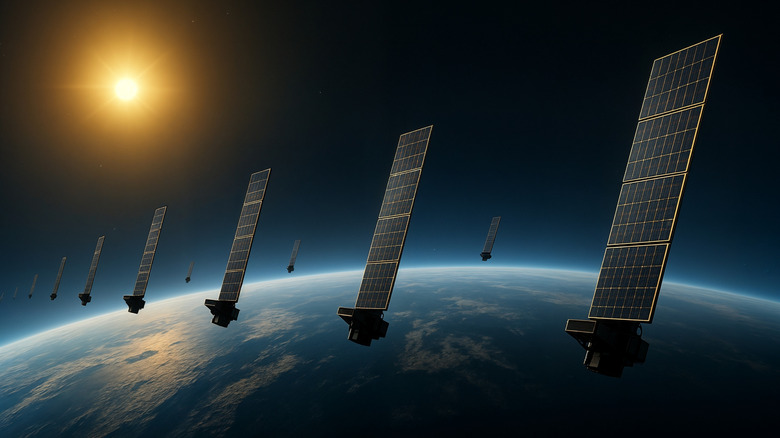 Illustration of Starlink satellites in orbit with the sun in the background