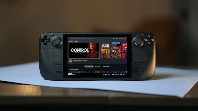 Steam Deck gaming handheld on table
