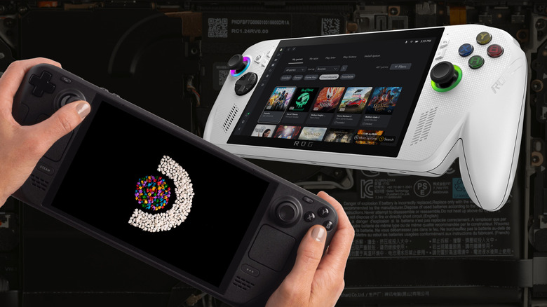 A person holding a Steam Deck OLED in the foreground with an ASUS Xbox Ally from the right-hand side of the console. The backdrop is a darkened image of Steam Deck OLED internals.
