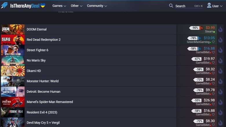Screenshot of the IsThereAnyDeal website tool for finding game discounts.