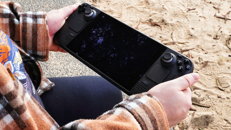 A person holding a Steam Deck at a beach.