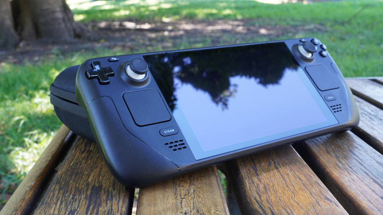 A Steam Deck leaning against a carrying case on a park table