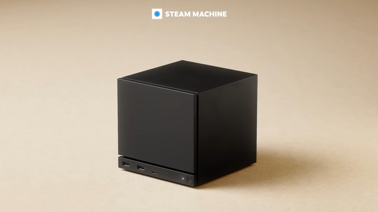 The new Steam Machine from Valve sitting by itself against a beige backdrop