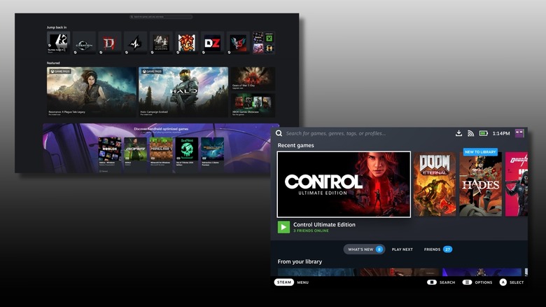 Xbox Mode dashboard and Bazzite gaming mode dashboard on a black to white gradiant background.