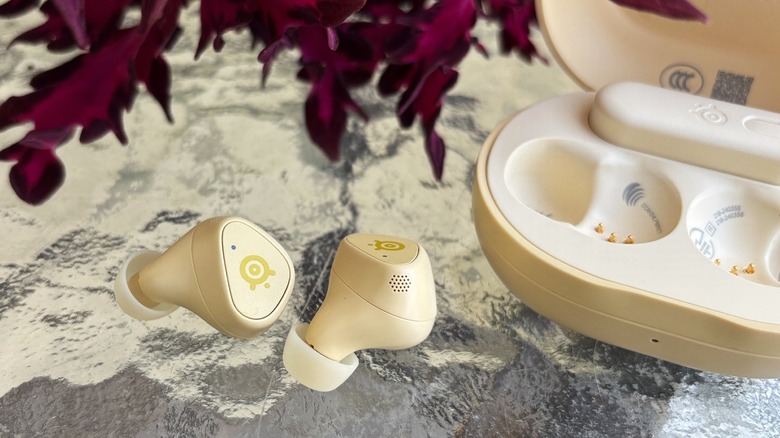 Yuzu earbuds with battery case and red plant in background.