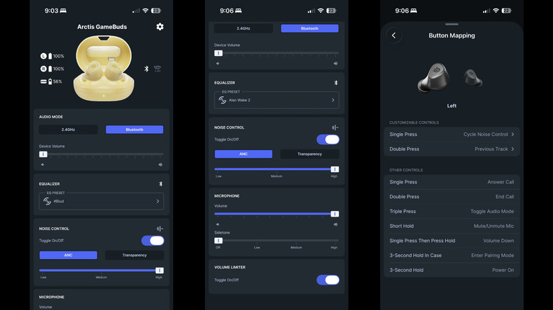 Arctis GameBuds app screenshots showing audio settings and button mapping.
