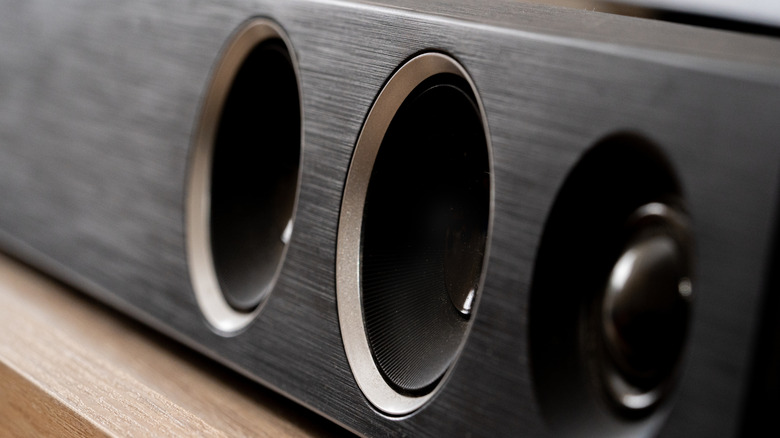 A close-up image of the front of a soundbar.