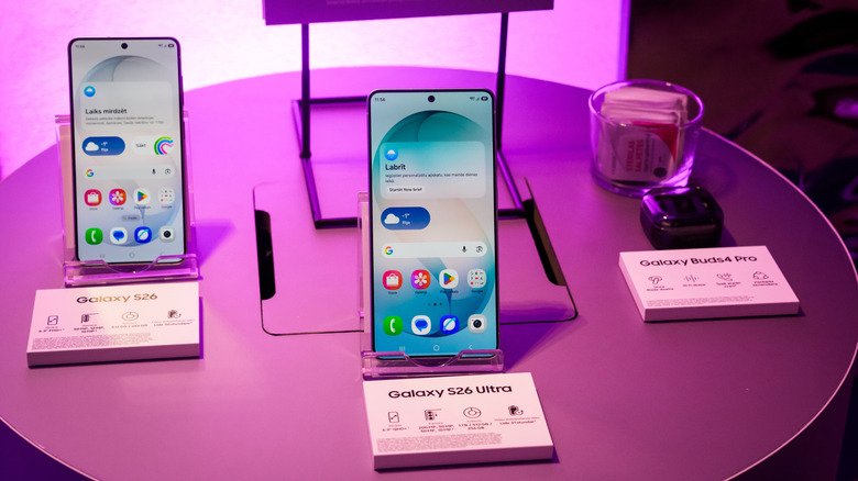 Samsung's Galaxy S26 smartphones and Buds4 Pro earbuds displayed on a table