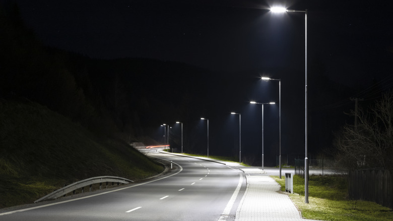 Streetlights line a roadway at night