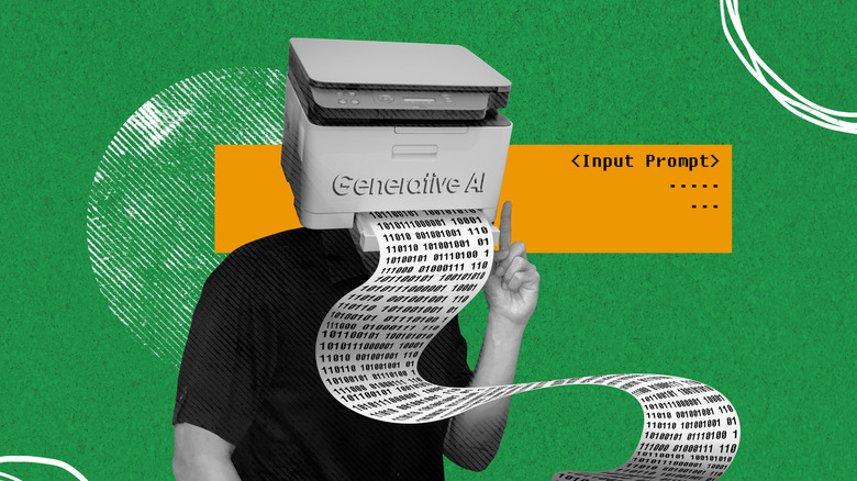 A person who's head has been replaced with a printer labeled 