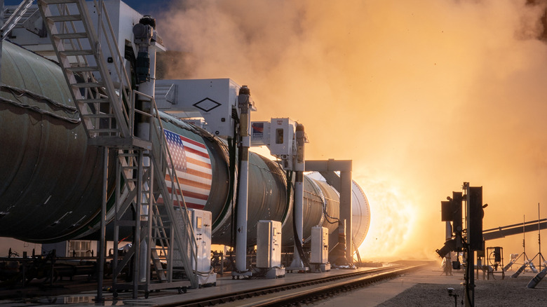 The 156-foot-long BOLE solid rocket booster seen during a June 26 test fire