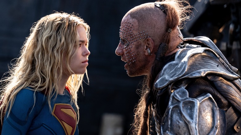 Supergirl (Milly Alcock) facing off against Krem (Matthias Schoenaerts) in Supergirl