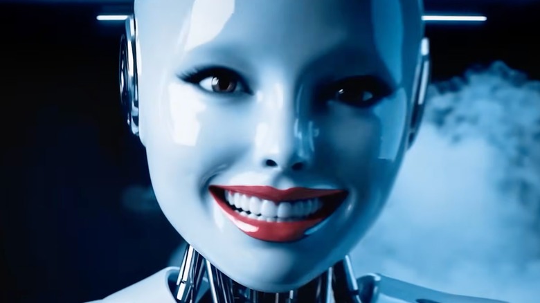 A anthropomorphized robot with a large smile stairs into the camera, the robot has the perimeter of its lips painted red, imitating lipstick