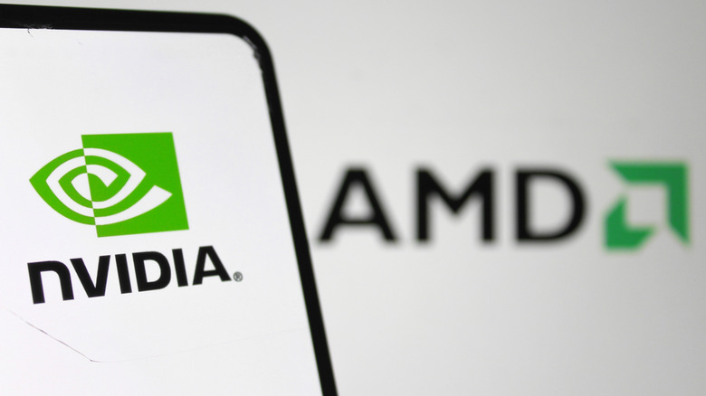 Nvidia logo on a smartphone against a white background with the AMD logo next to it
