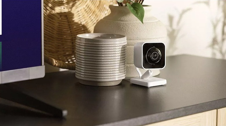 Roku camera placed on a table alongside decoration pieces