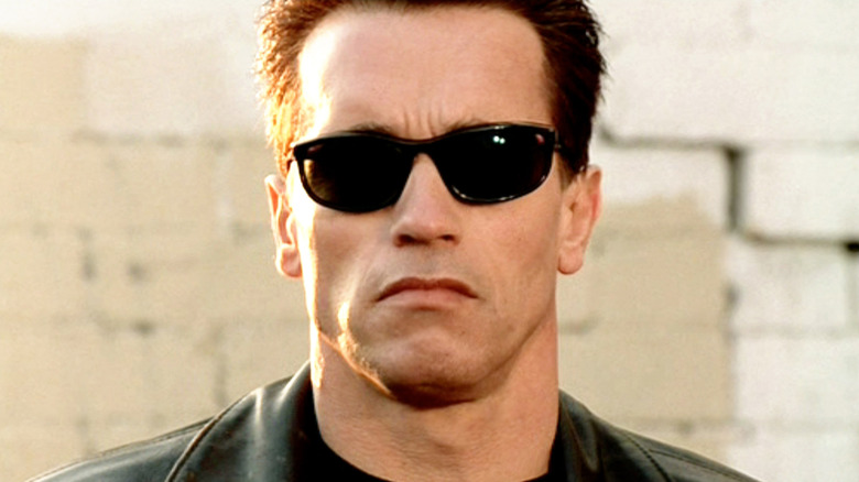 T-800 wearing shades with an emotionless facial expression