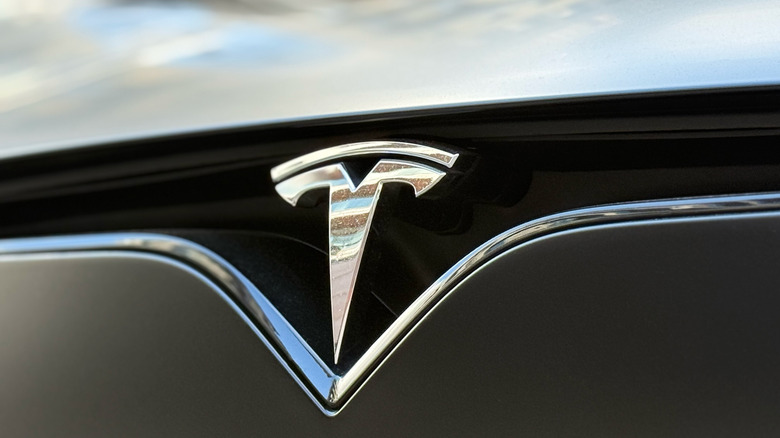 front of a tesla vehicle, close up on Tesla icon