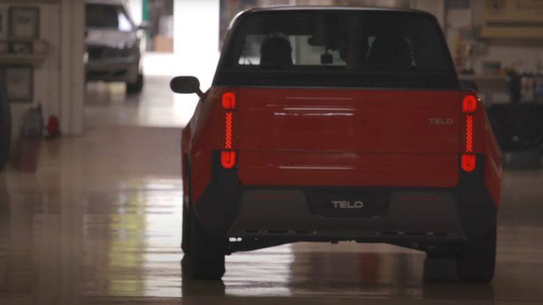 Rear view of the TELO MT-1 pulling out of Jay Leno's garage