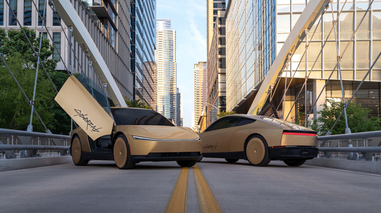 Two Tesla Cybercab vehicles parked next to one another at opposite angles on a public road