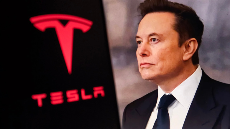 Elon Musk next to a Tesla logo