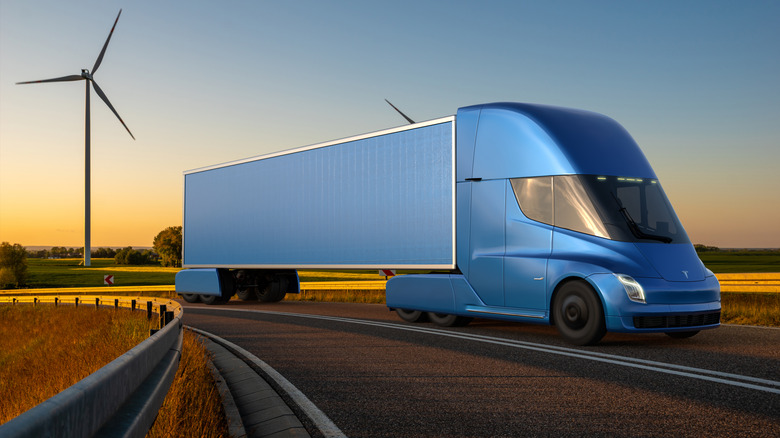 Tesla Semi electric transport truck on country roads.