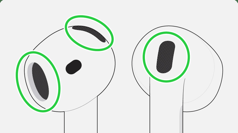 An artist's rendering of the AirPods 4 with green circles highlighting the mesh areas.